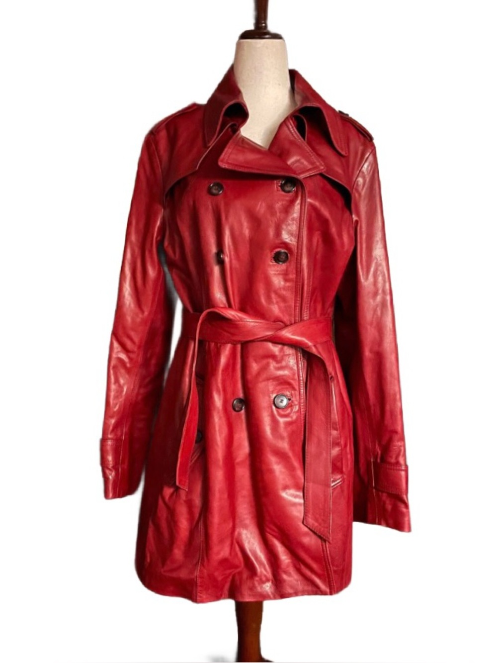 Denis Leather Works ~ Women’s Size Large ~ Red ~ Leather ~ Trench Coat